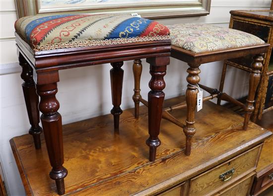 A Victorian turned rosewood dressing stool and a mahogany stool 44cm and 40cm